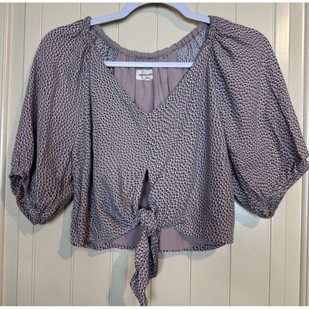 Thread & Supply Crop‎ Tie Front Puff Sleeve Top Blouse Boho Festival Sz S GUC